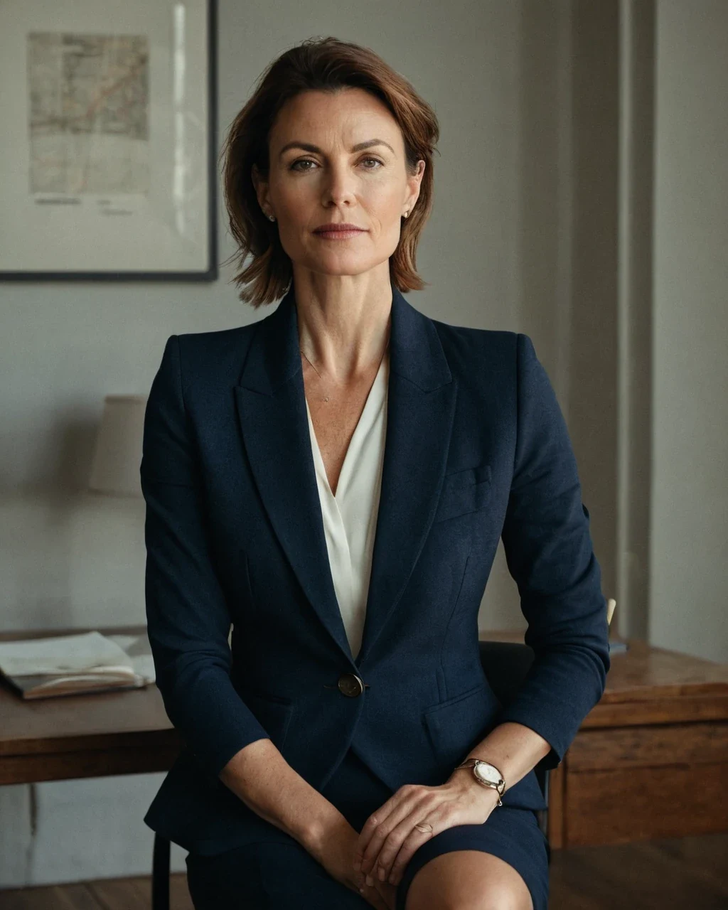 A woman in her mid-forties in a tailored blazer in late afternoon daylight