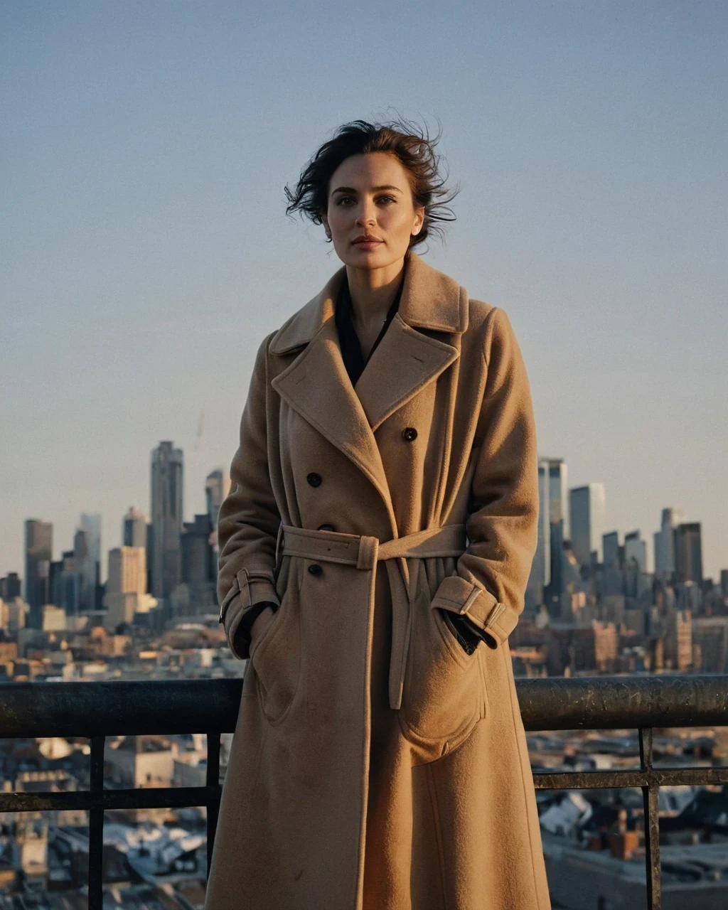 An adult woman at a rooftop railing with wide open sky extended around her