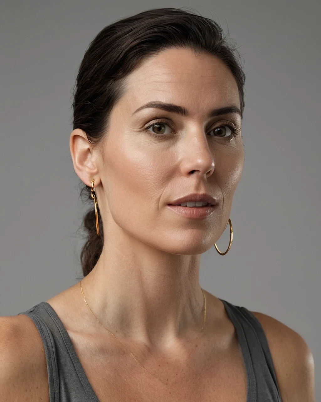 A neutral casting reference frame of one adult woman against a plain backdrop