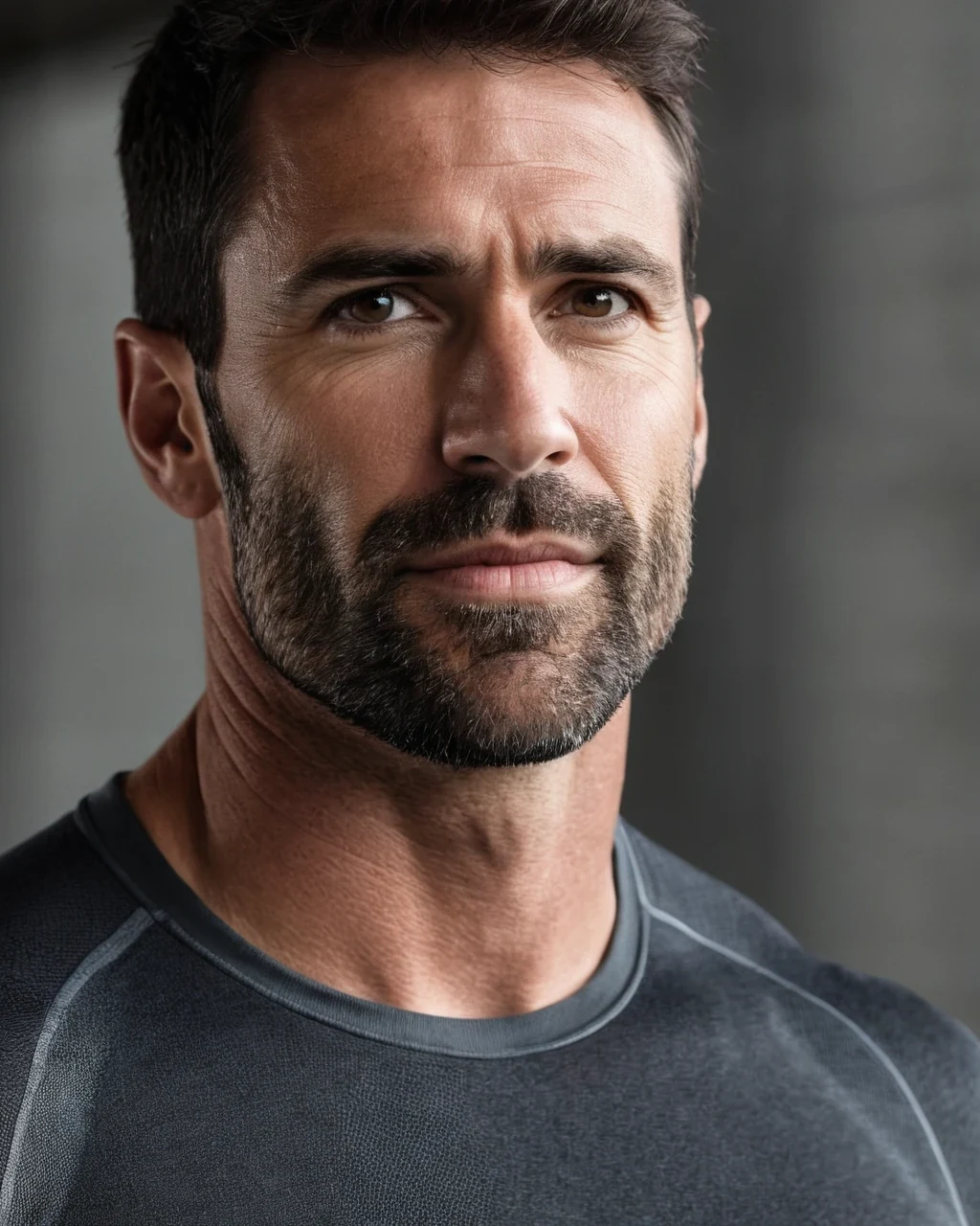 An adult man with a trimmed beard in a dark grey athletic shirt, lit evenly in studio