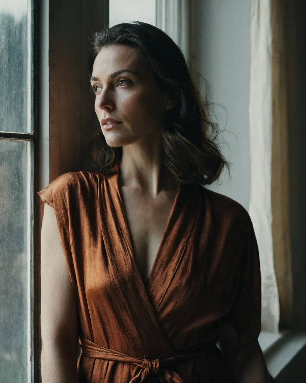 An adult woman lit only by a large window, warm skin against a cooler room