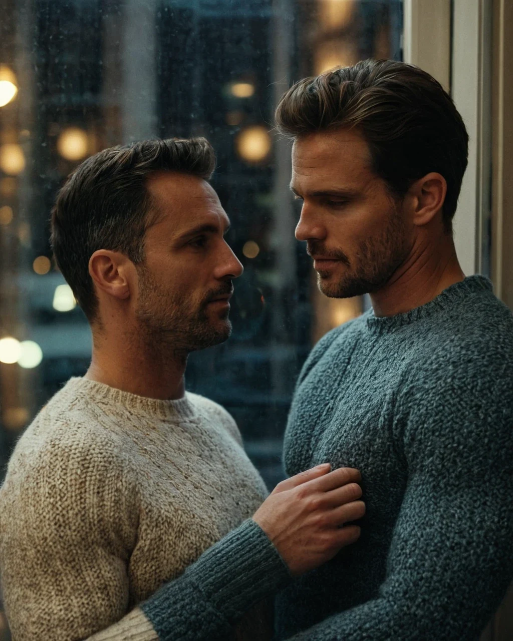 Two adult men embracing at a city window in the evening