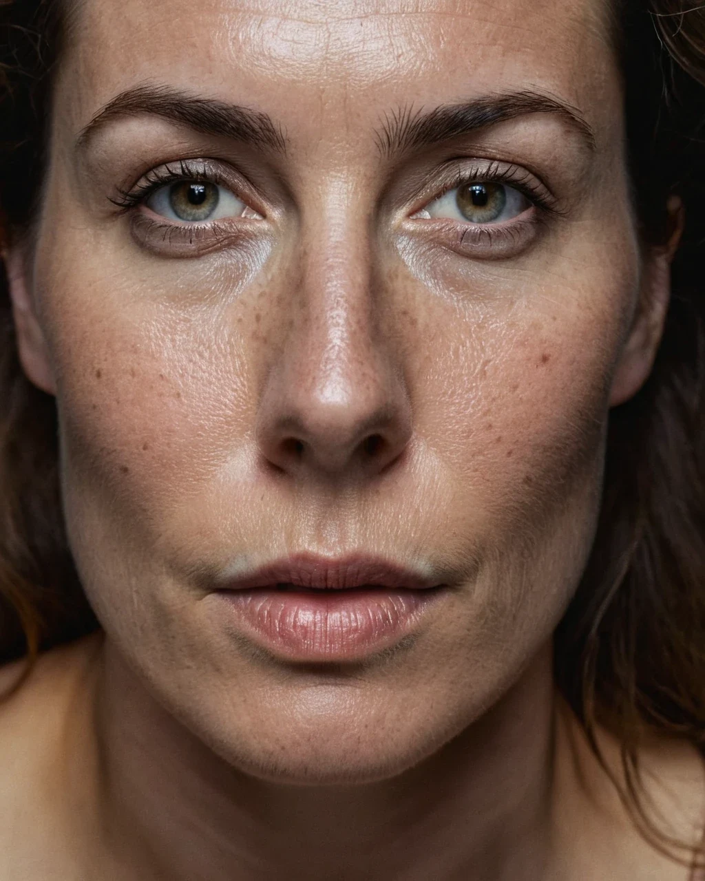 A close beauty frame showing pores, fine hair and a single bright highlight