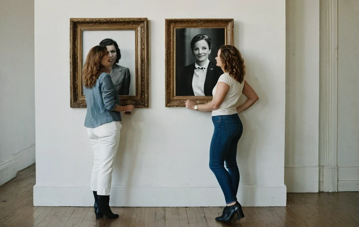 Two creators hanging framed adult photography prints on a gallery wall