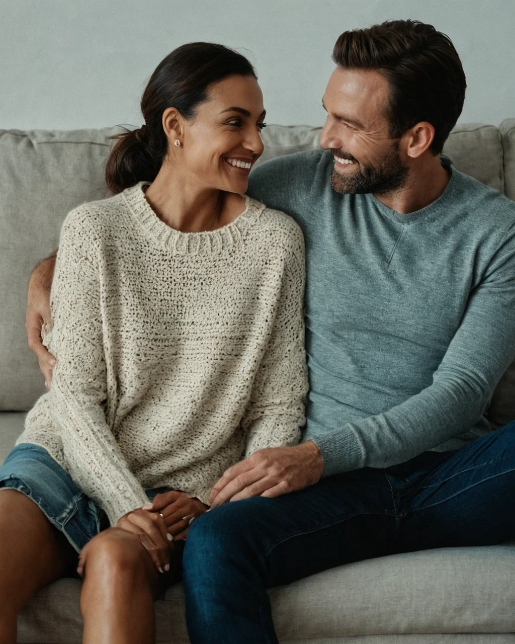 Two consenting adults in a relaxed evening embrace, both faces visible