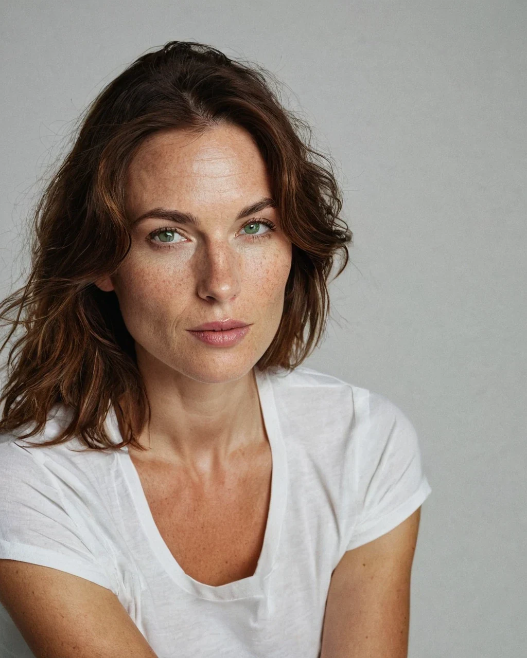 The same saved AI character in a studio portrait against a cream backdrop