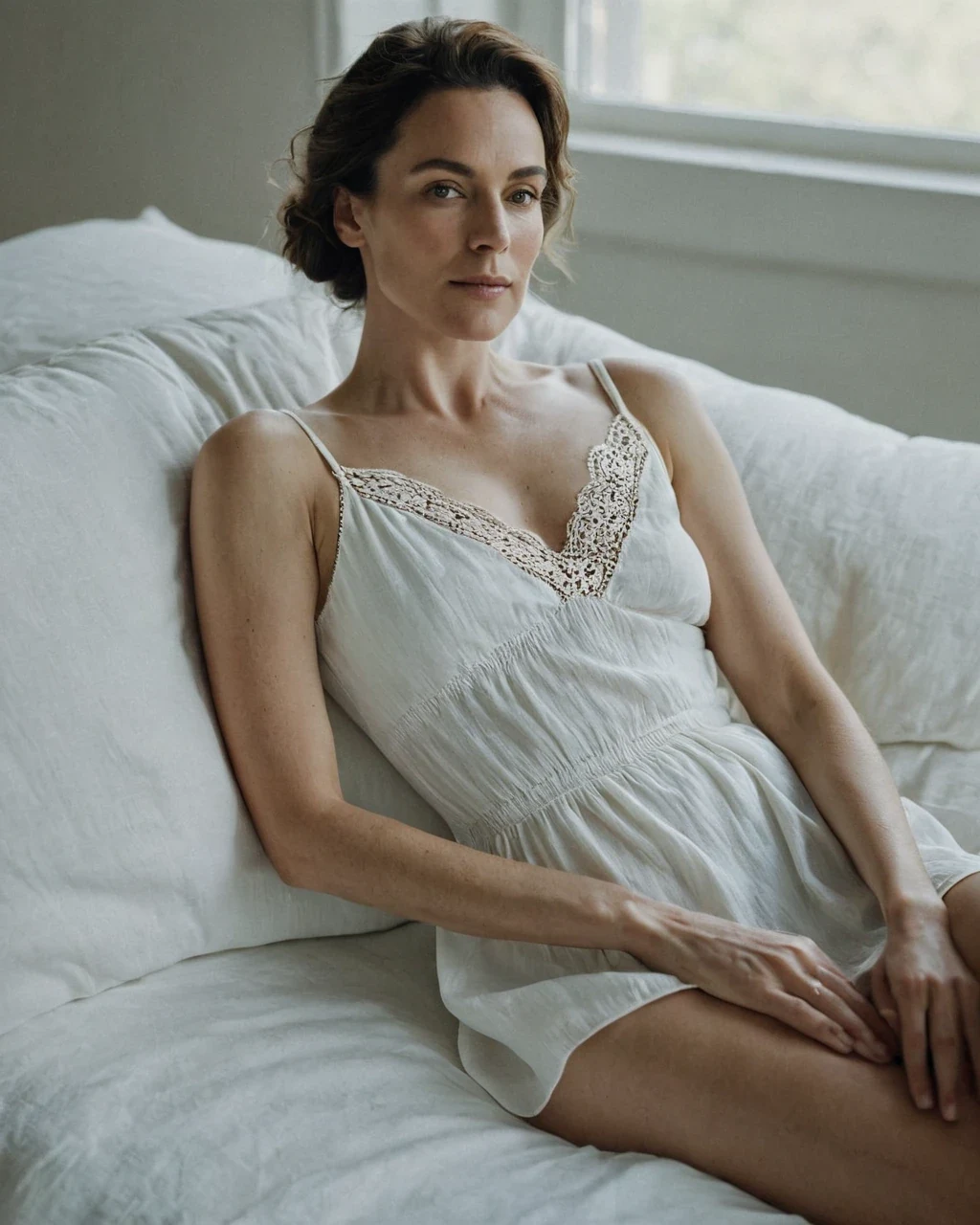 An adult woman in an ivory slip on white linen in window light, read back as a prompt