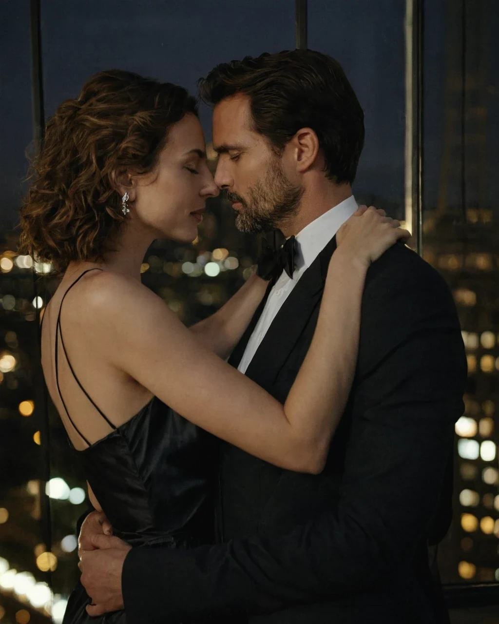 An adult couple embracing at a city window in the evening