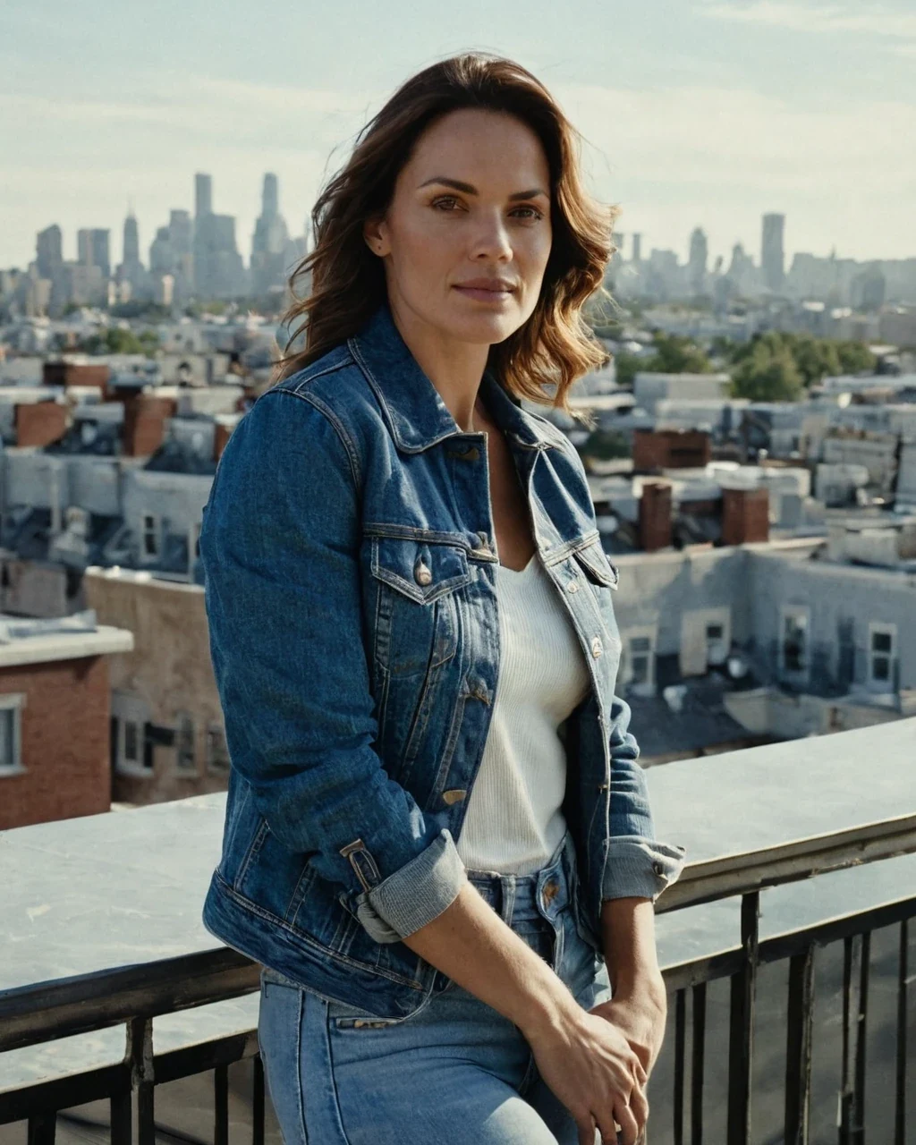 An adult woman in a denim jacket on a sunlit balcony above city rooftops