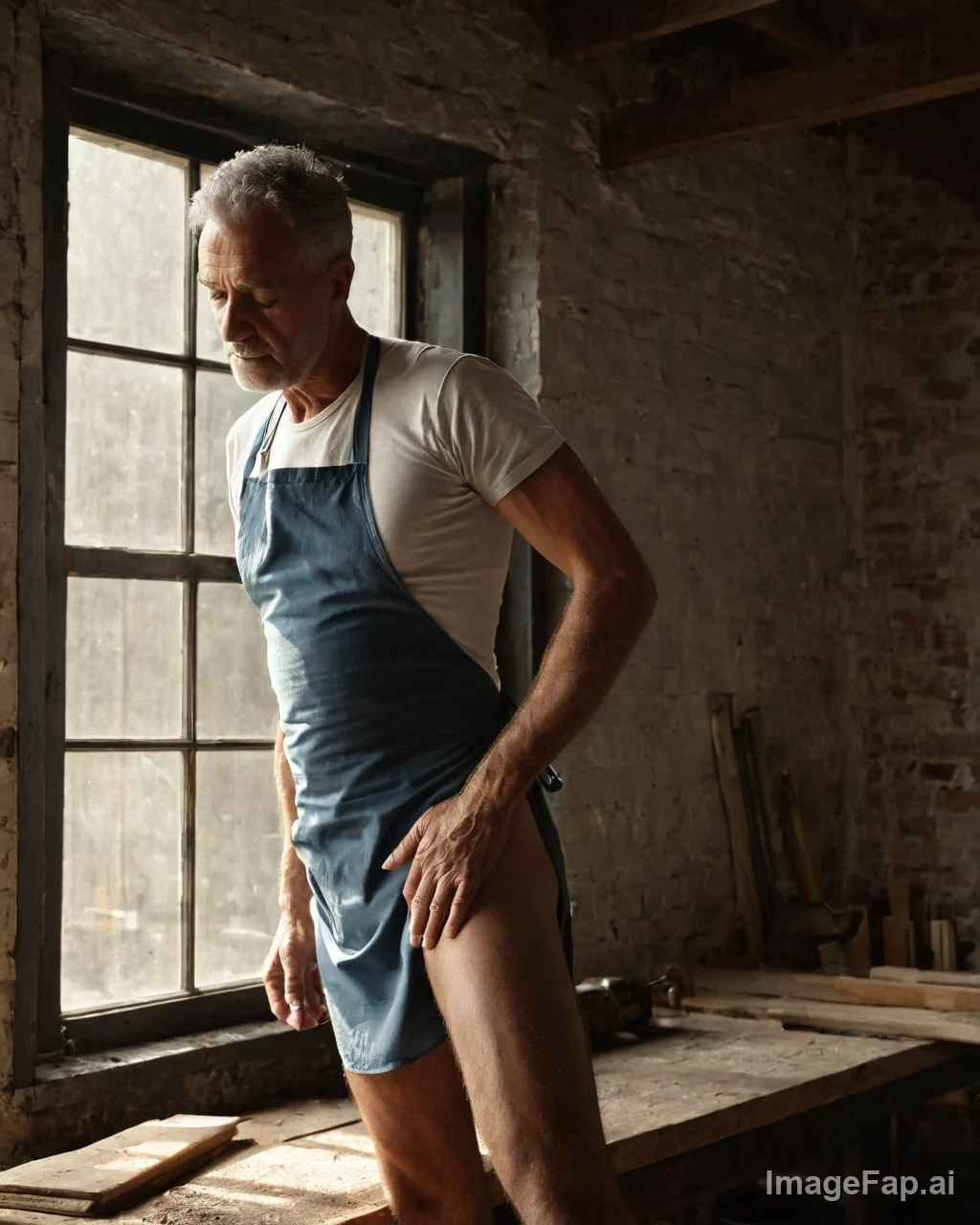 A mature man in a blue apron stands in a workshop near a window holding