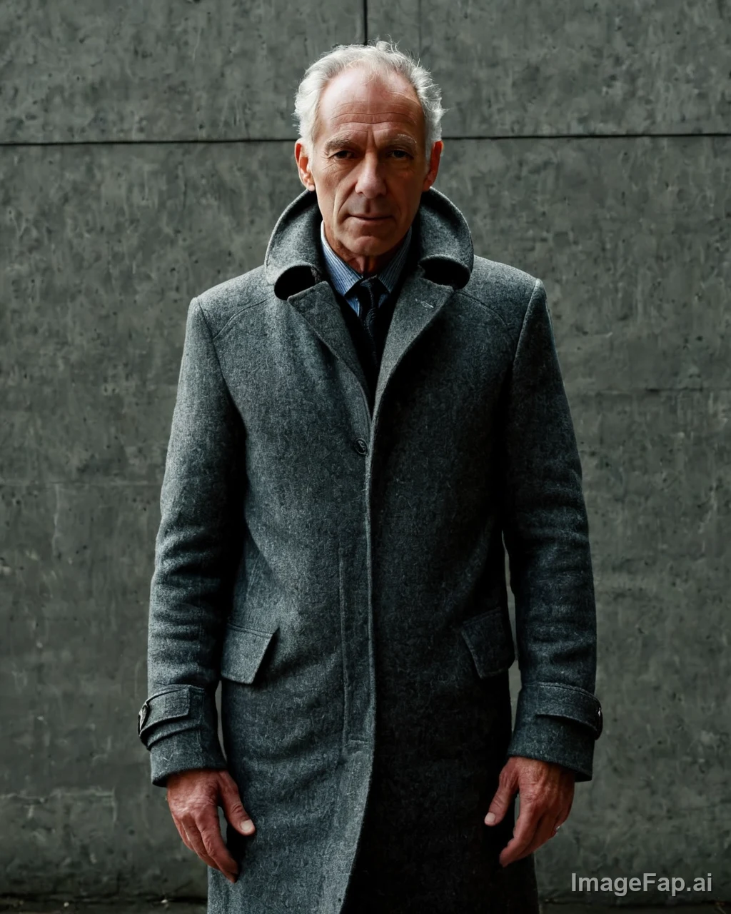 A mature man with gray hair stands confidently in a textured gray wool