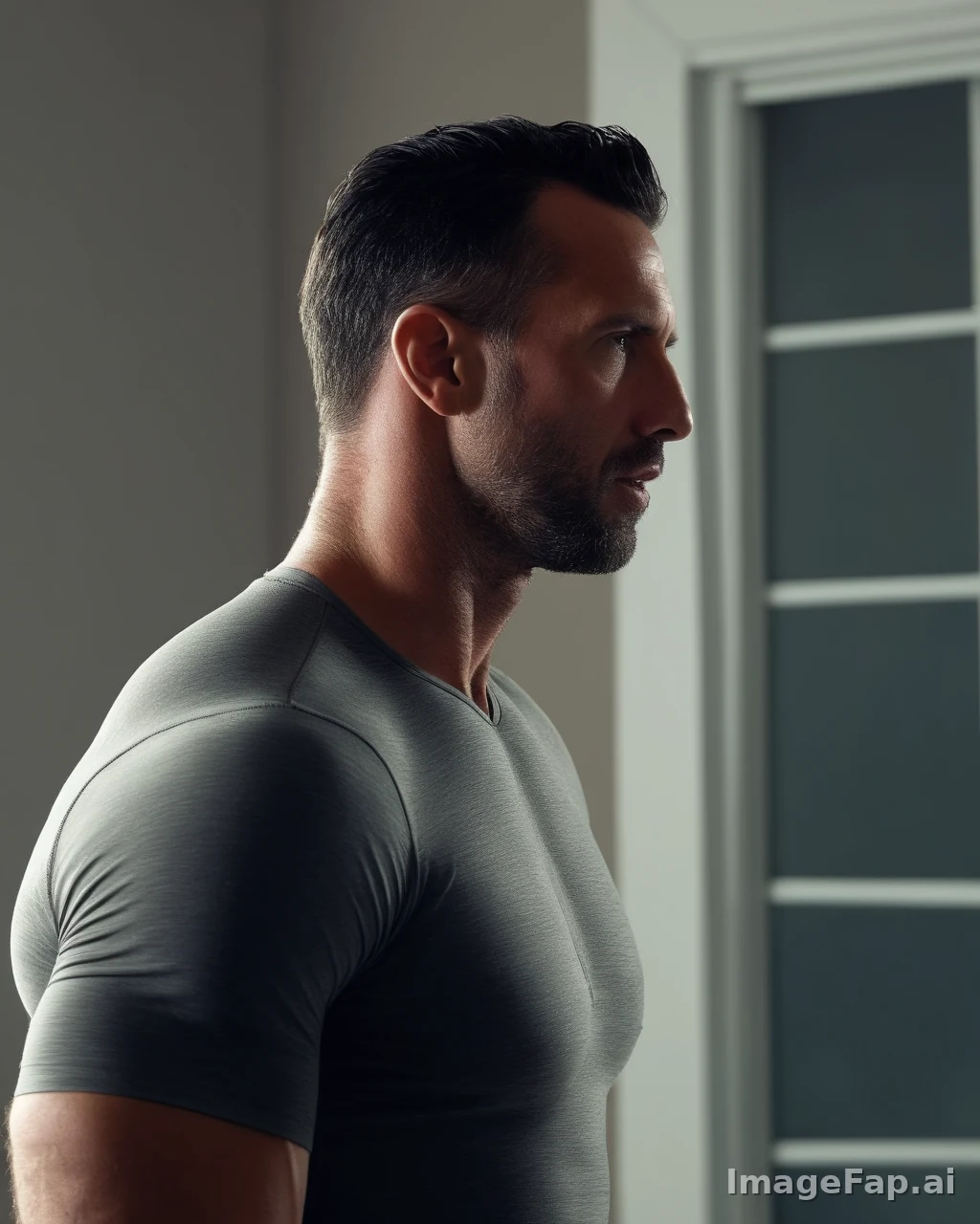 A muscular man in a grey athletic shirt stands in profile near a window with soft natural light highlighting his defined jaw and shoulders.