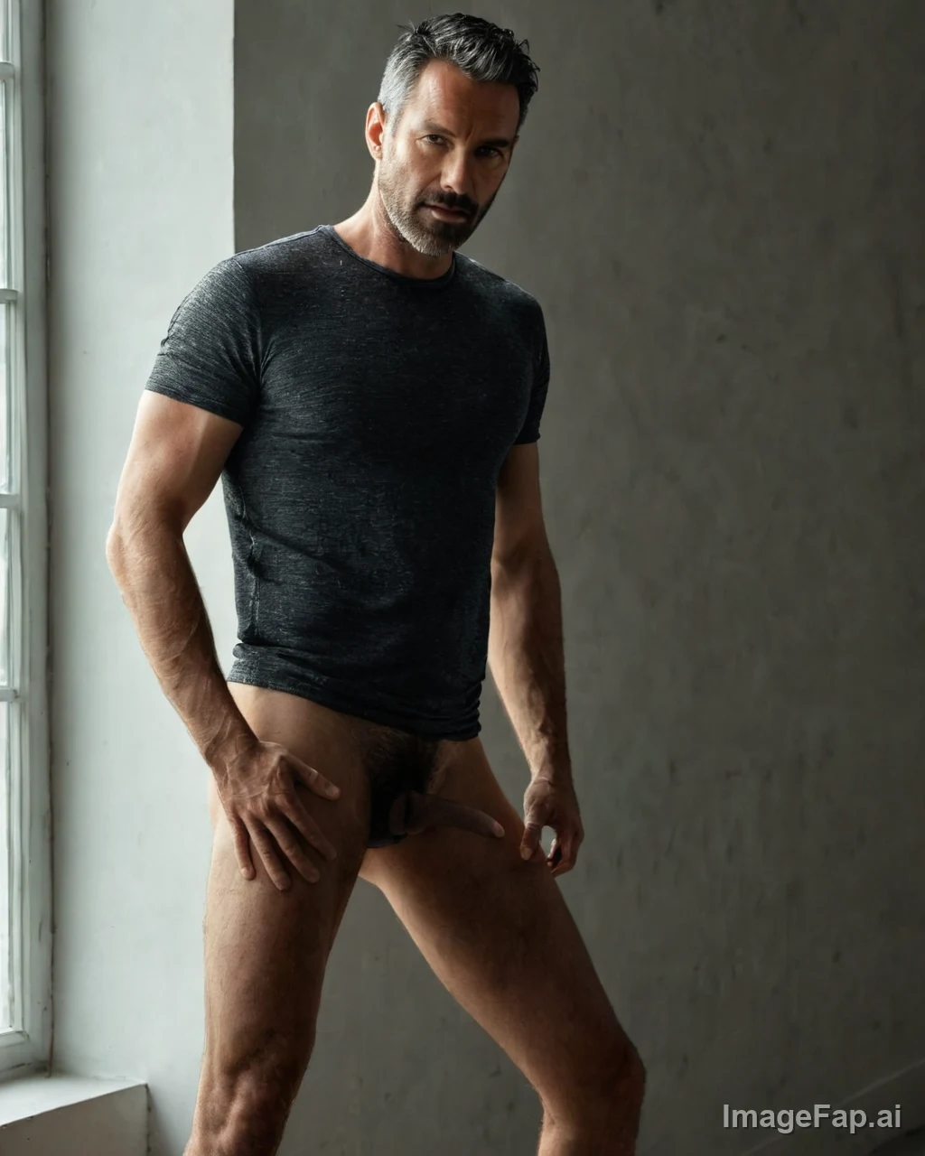 A muscular man with gray hair and beard poses in a dark gray t-shirt
