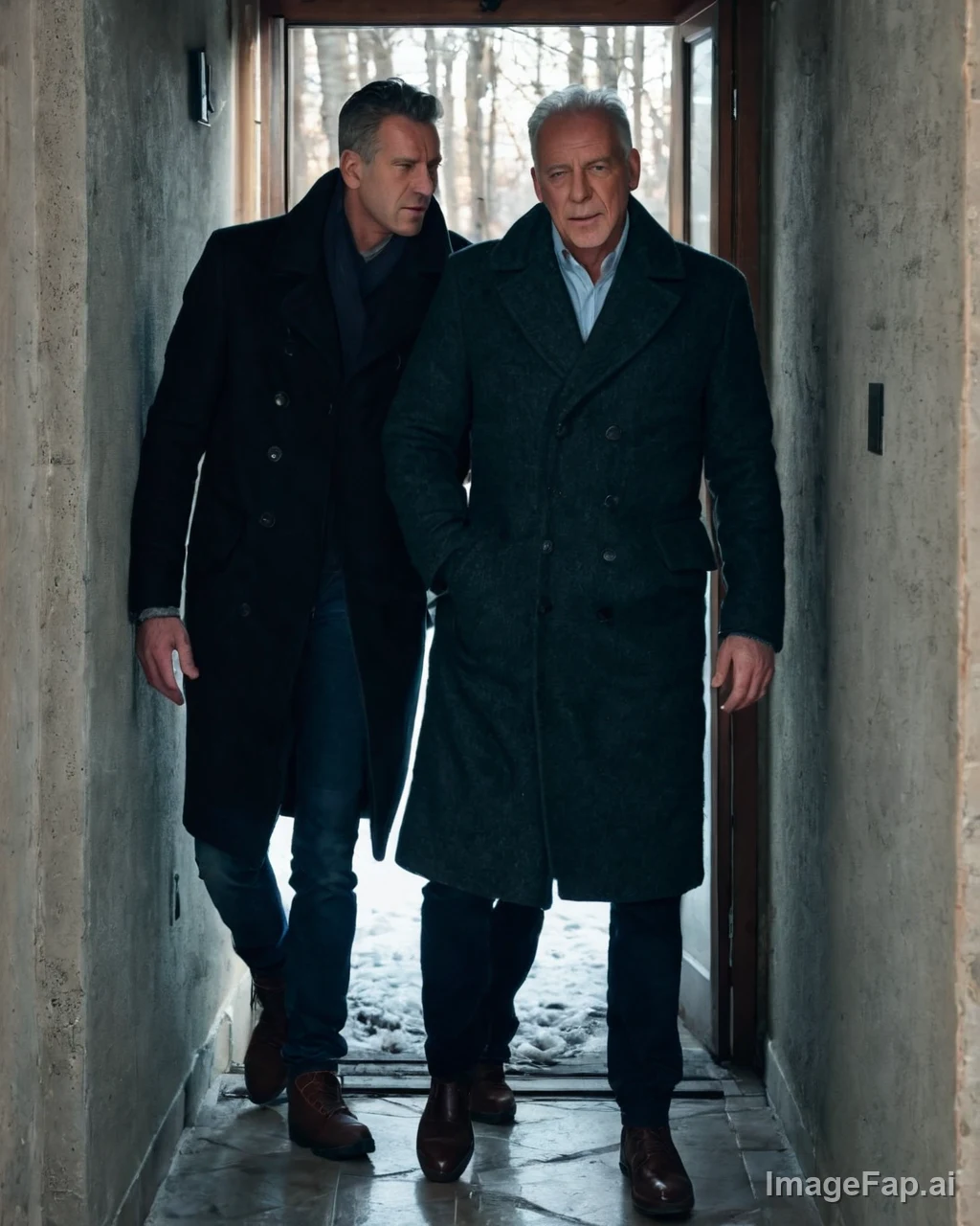 Two men in winter coats standing in a concrete hallway with snow outside