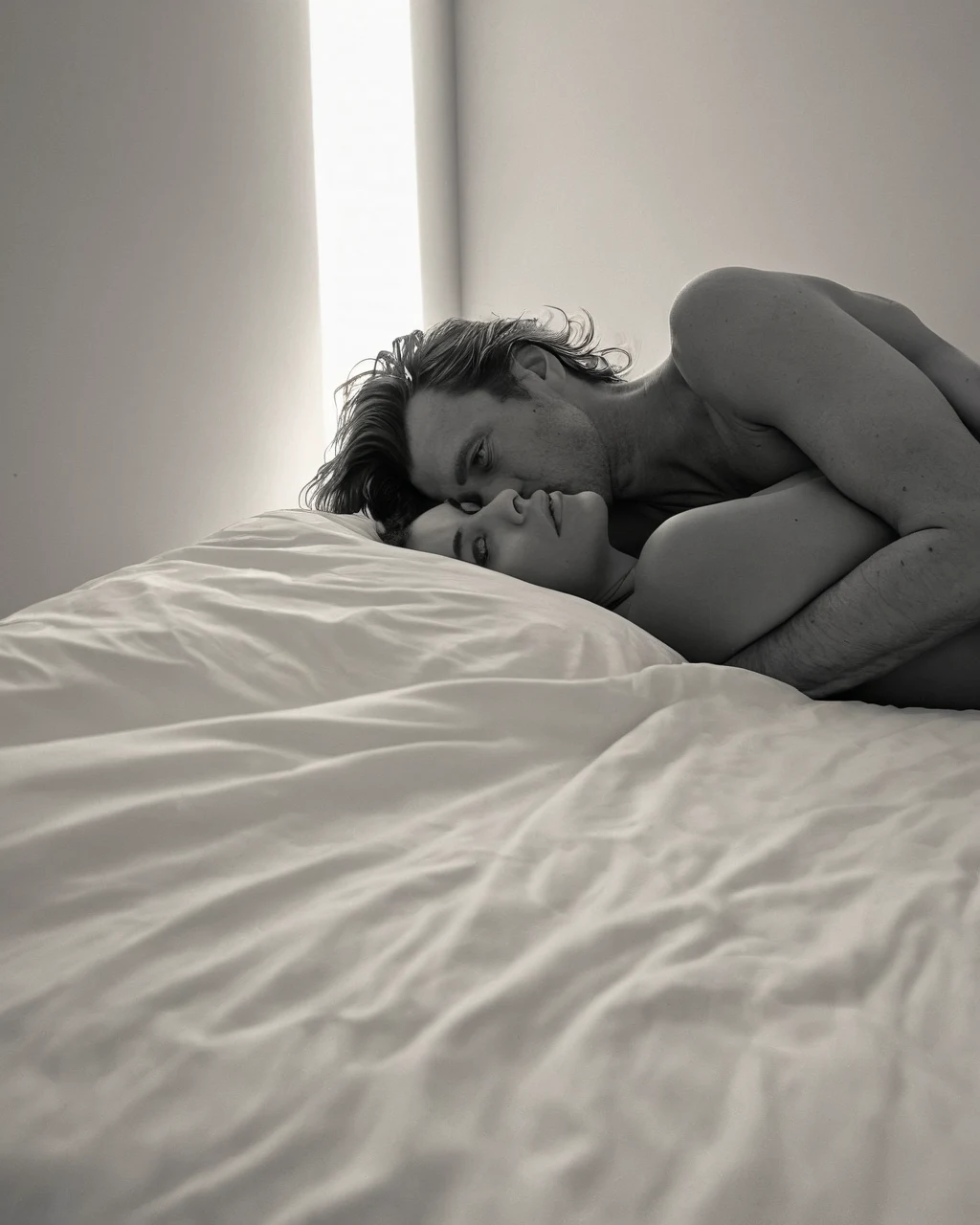 A couple resting intimately on a bed in a black and white photo
