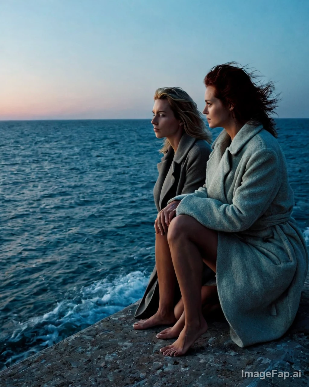 Two women in gray coats sit barefoot on a stone pier looking
