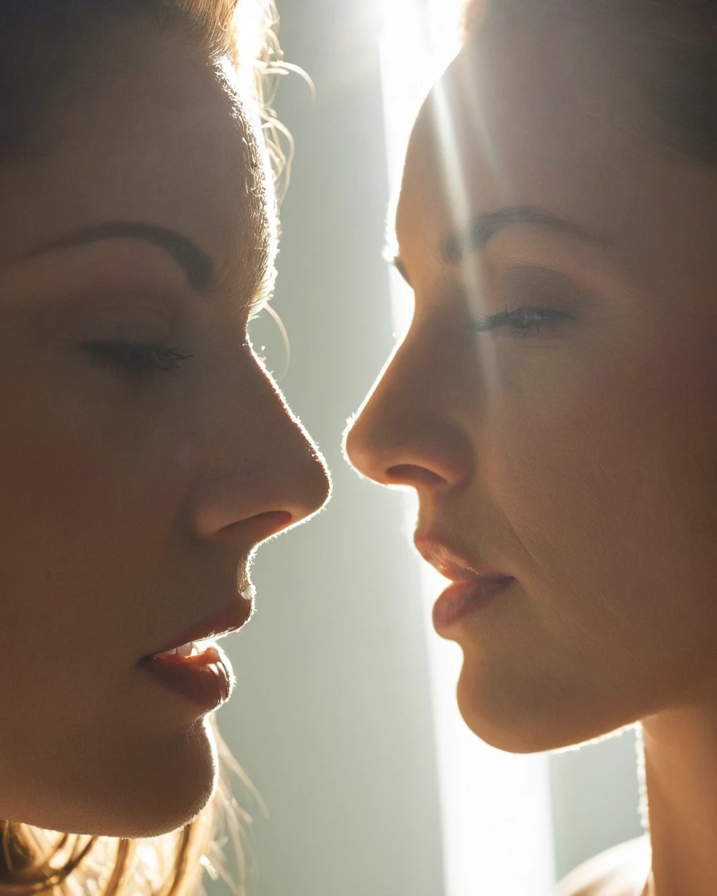 Two women in profile face each other in soft backlighting with sunbeams