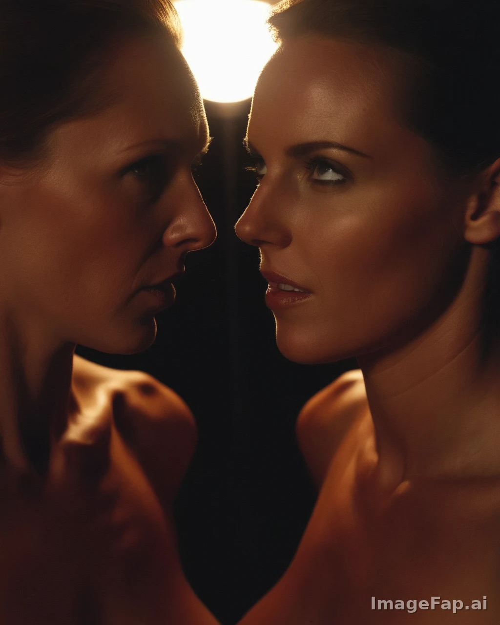 Two women in profile facing each other with warm backlighting and dark