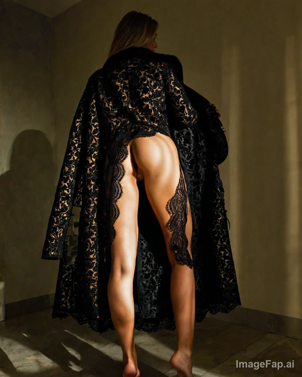 A woman in a black lace robe standing barefoot with her back