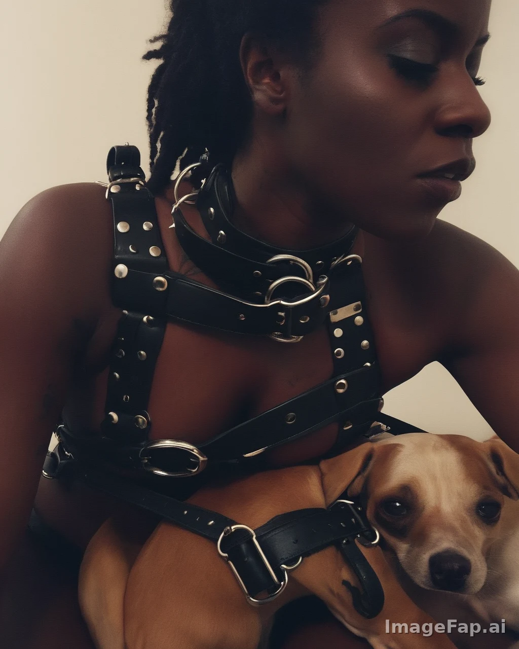 A woman in black leather harness holds a tan dog wearing a matching