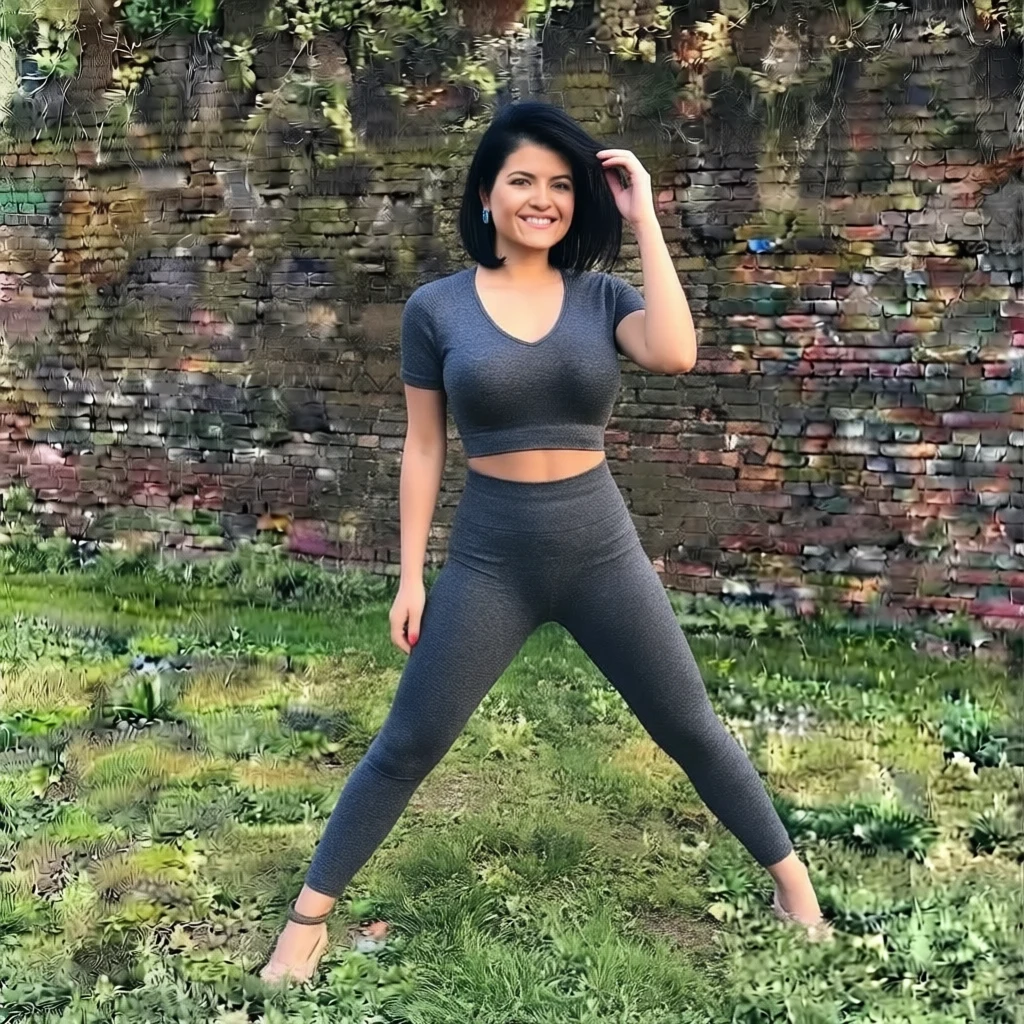 Woman in grey workout clothes smiling on grass near brick wall