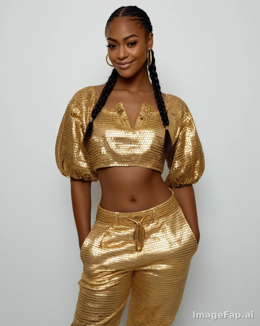 A woman wearing gold sequin outfit with braided hair and hoop earrings