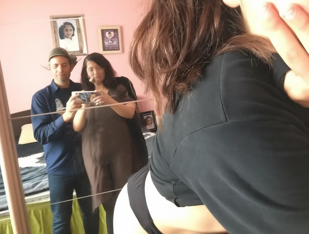 A couple taking a selfie in a bedroom mirror with pink walls and framed