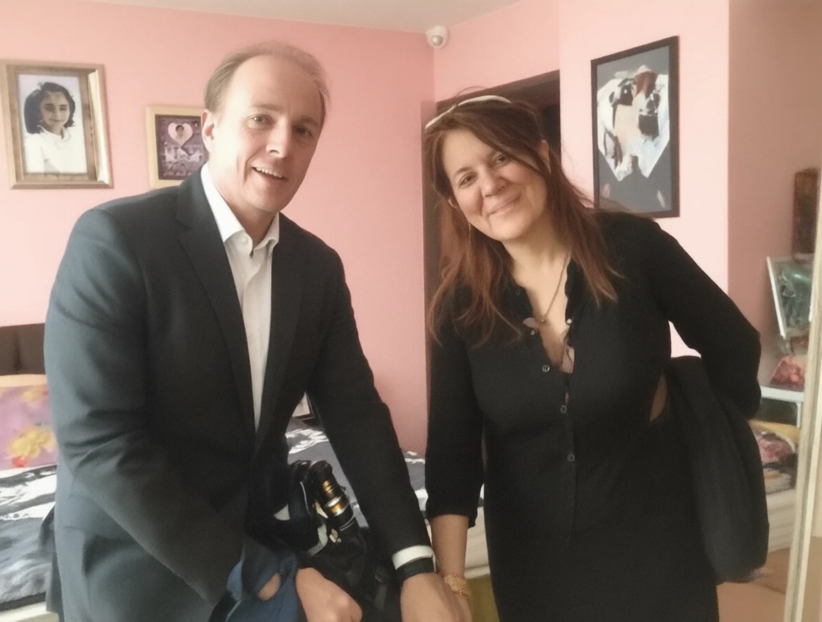 A man in a suit and a woman in a black dress smiling in a pink-walled