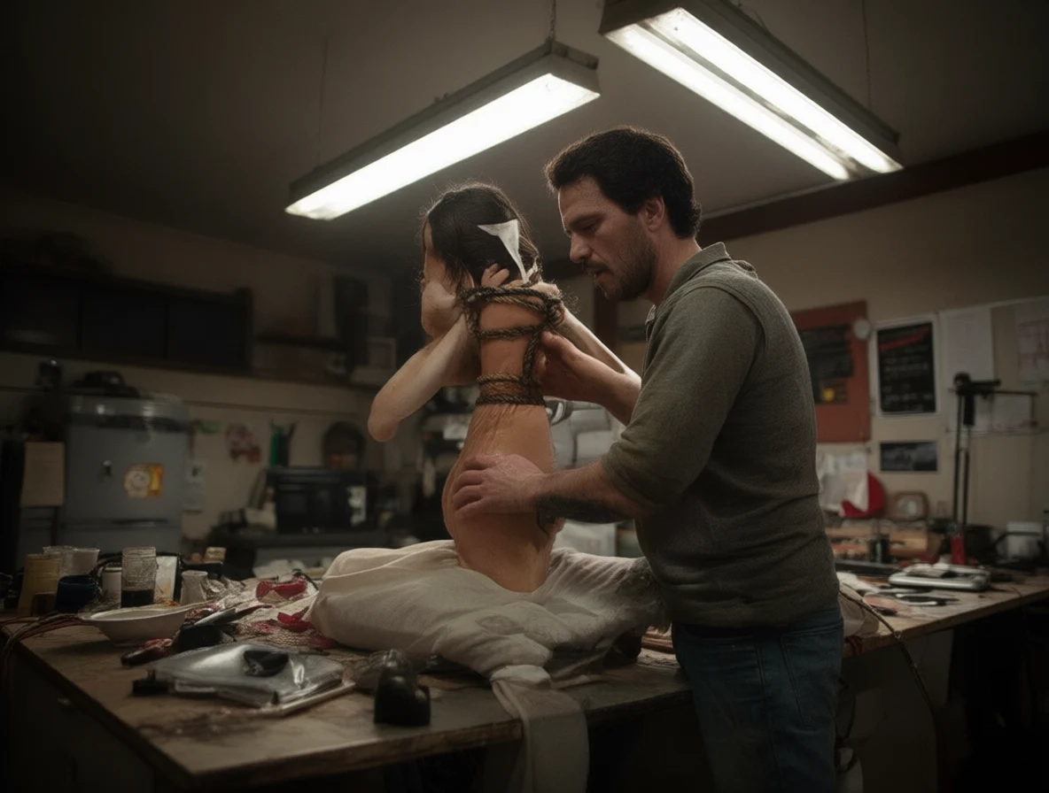 A man tightly binding a woman's torso with rope in a cluttered workshop