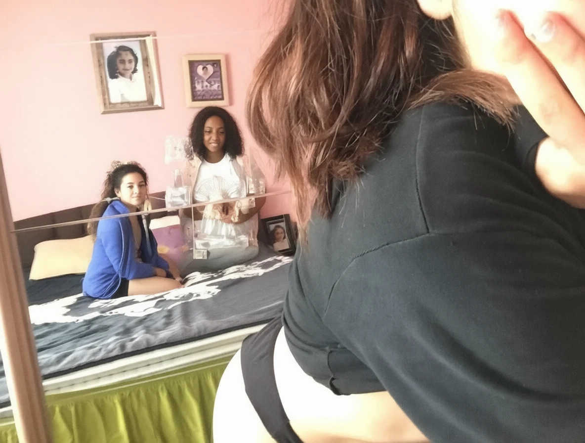 Three women in a bedroom, one taking a mirror selfie while two sit