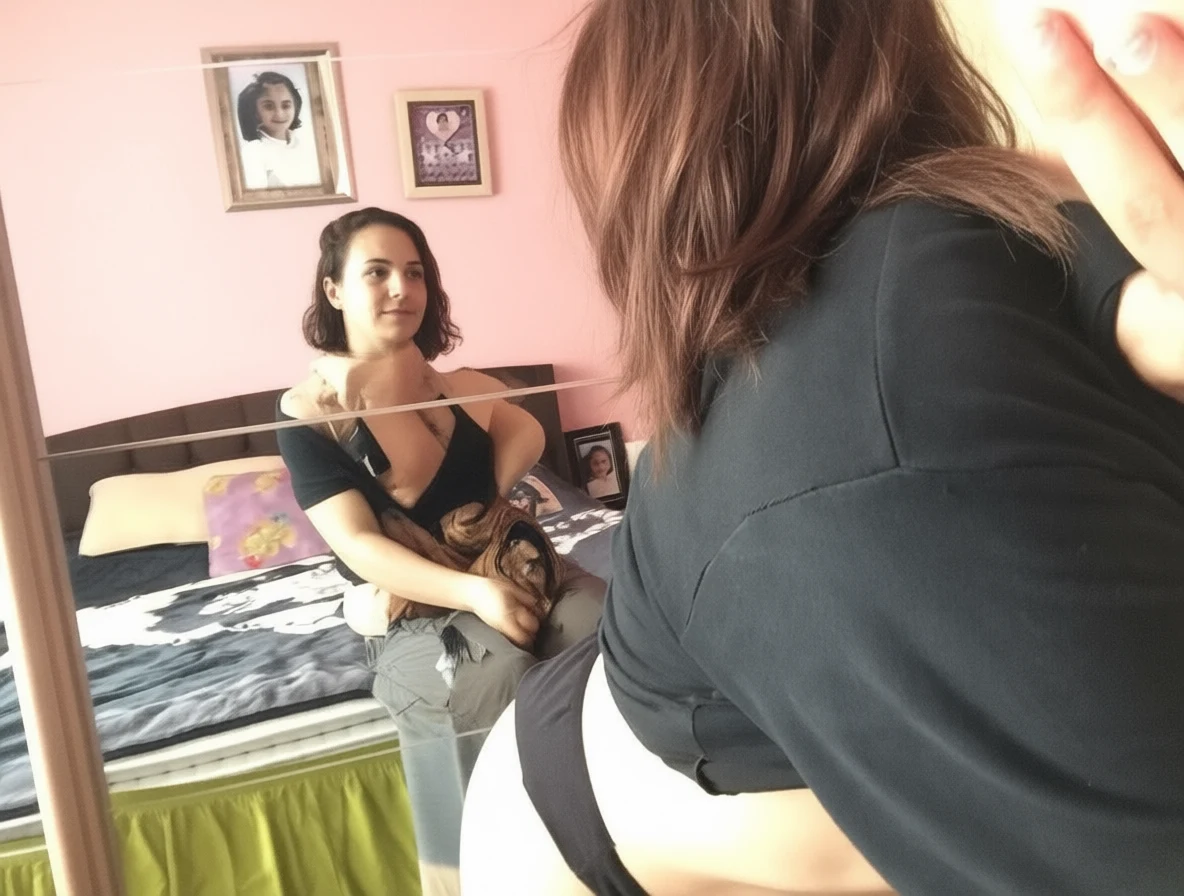 A woman holding a dog while looking at her reflection in a mirror