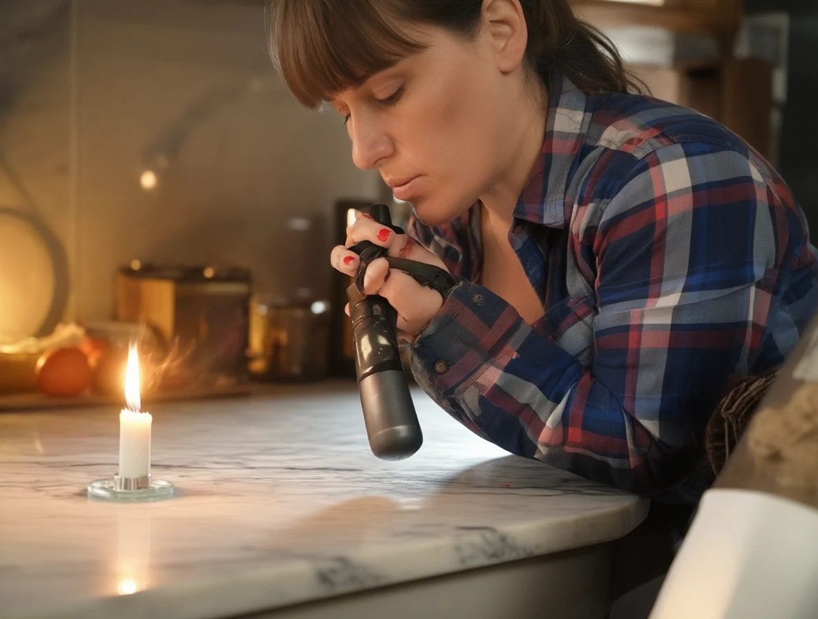 A woman in a plaid shirt holds a flashlight near a lit candle