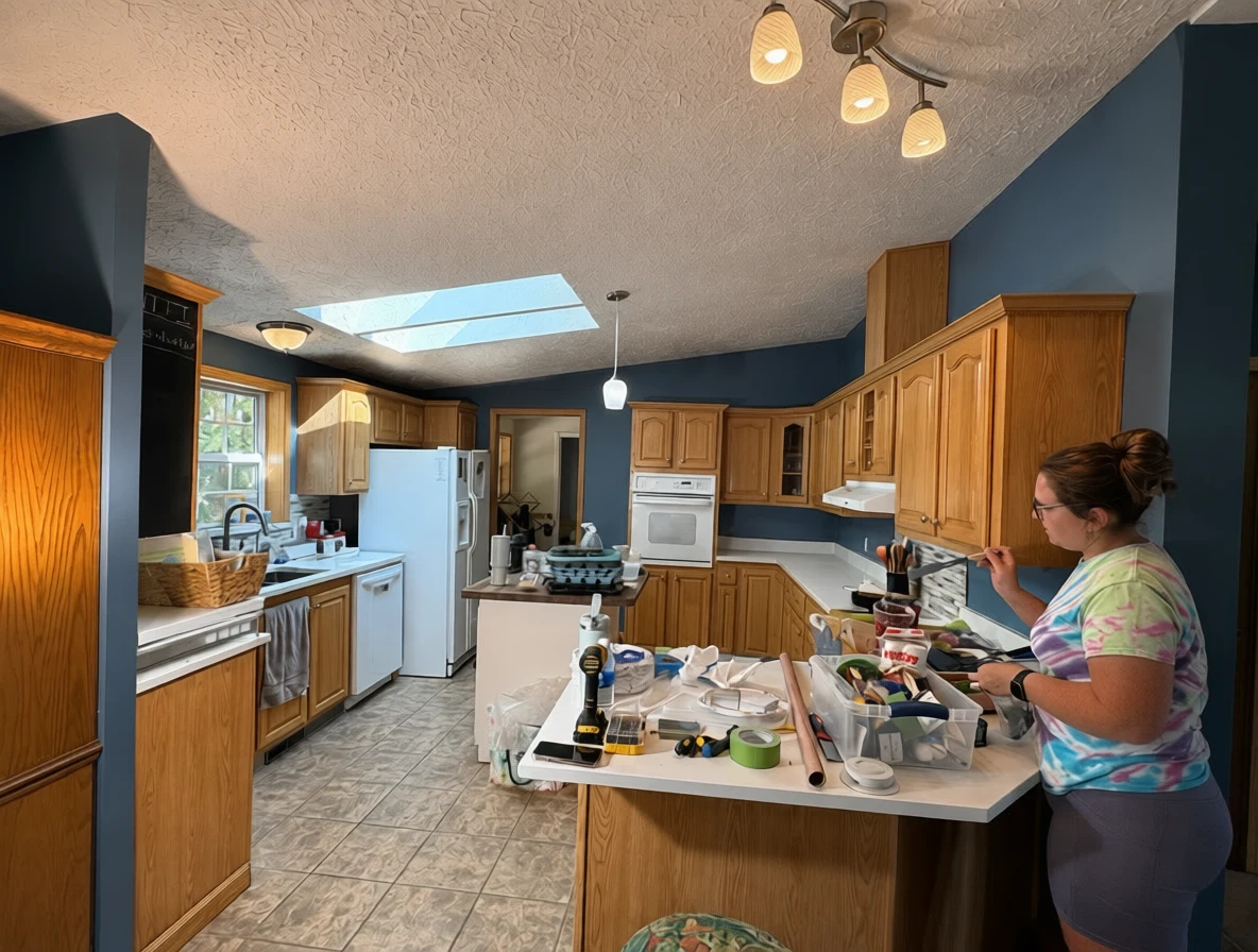 A woman installing a backsplash in a kitchen with wooden cabinets
