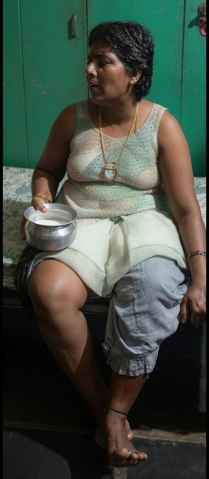 A woman sits barefoot holding a metal bowl of milk against a vibrant green wooden door.