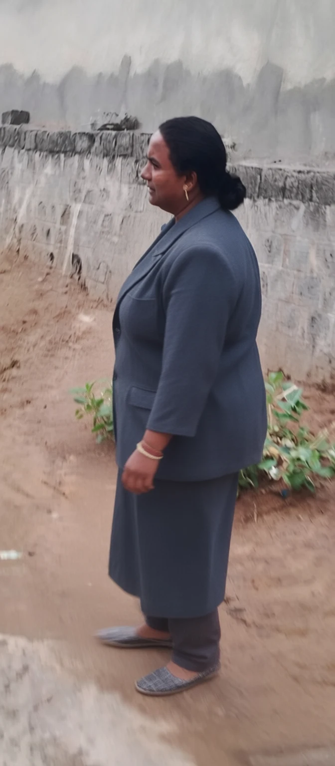 A woman in a dark blue suit stands in profile on a dirt path