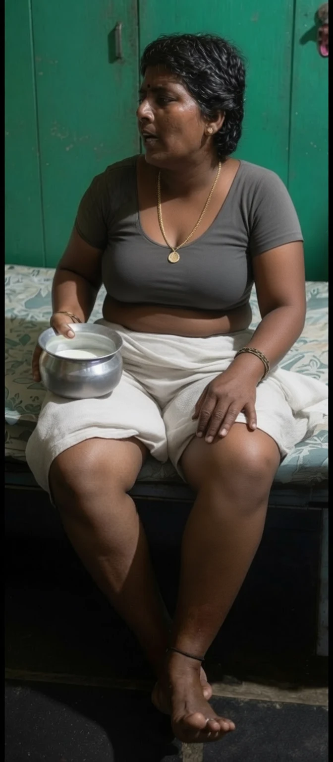 A woman sits barefoot on a patterned bed holding a metal bowl of milk against a weathered green wall.