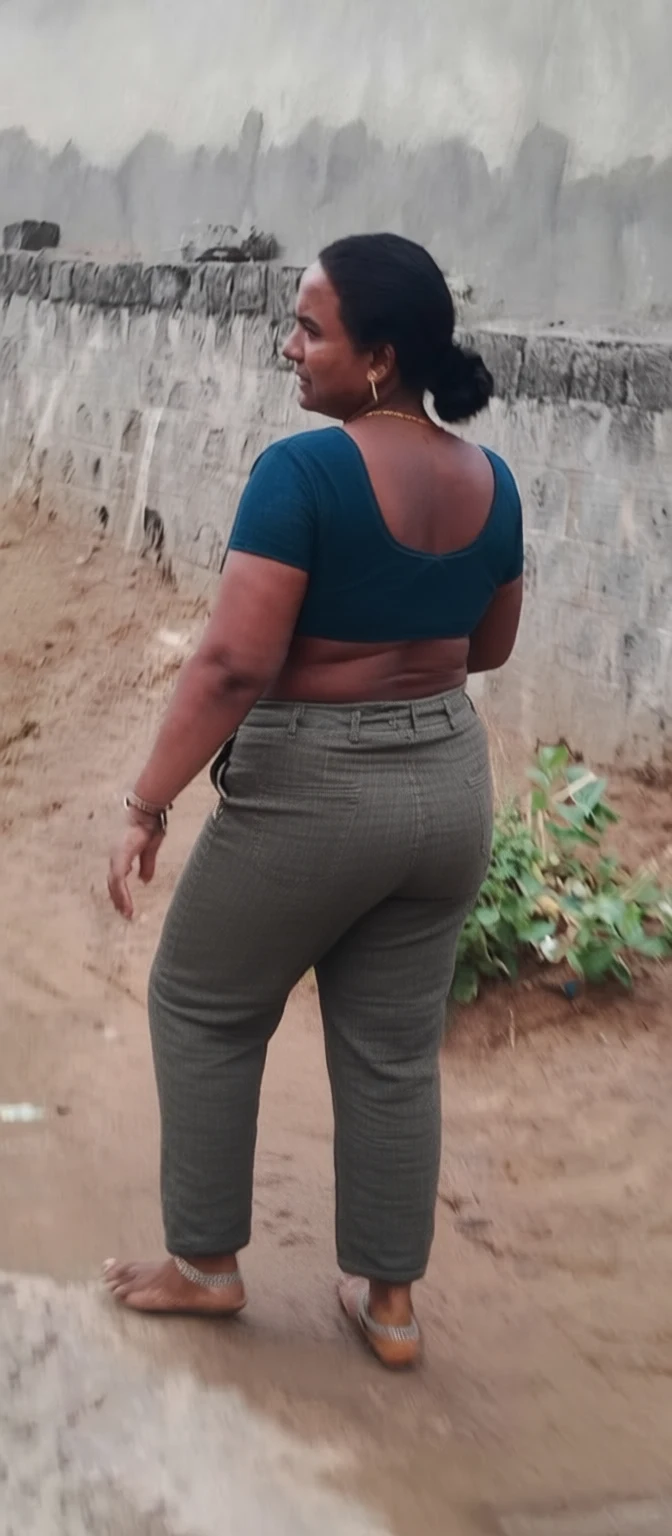 A woman in a teal crop top and olive pants walks barefoot on muddy ground beside a stone wall.