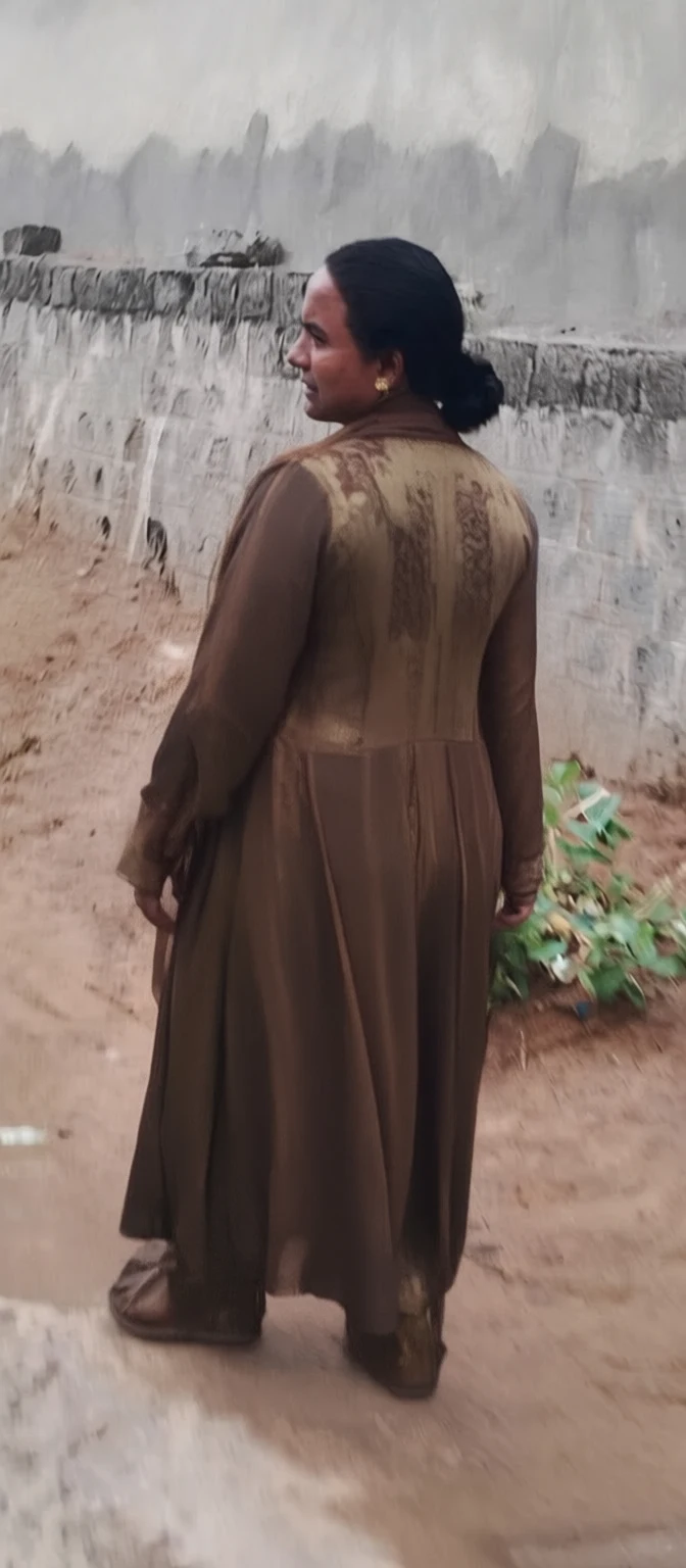 A woman wearing a brown embroidered dress stands beside a stone wall