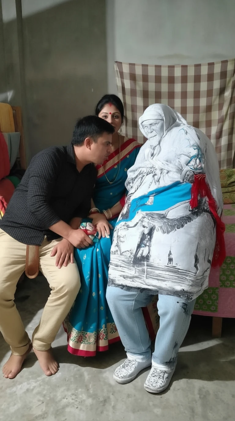 A man and woman sit beside a person in a large printed costume depicting an elderly woman with a red tassel.