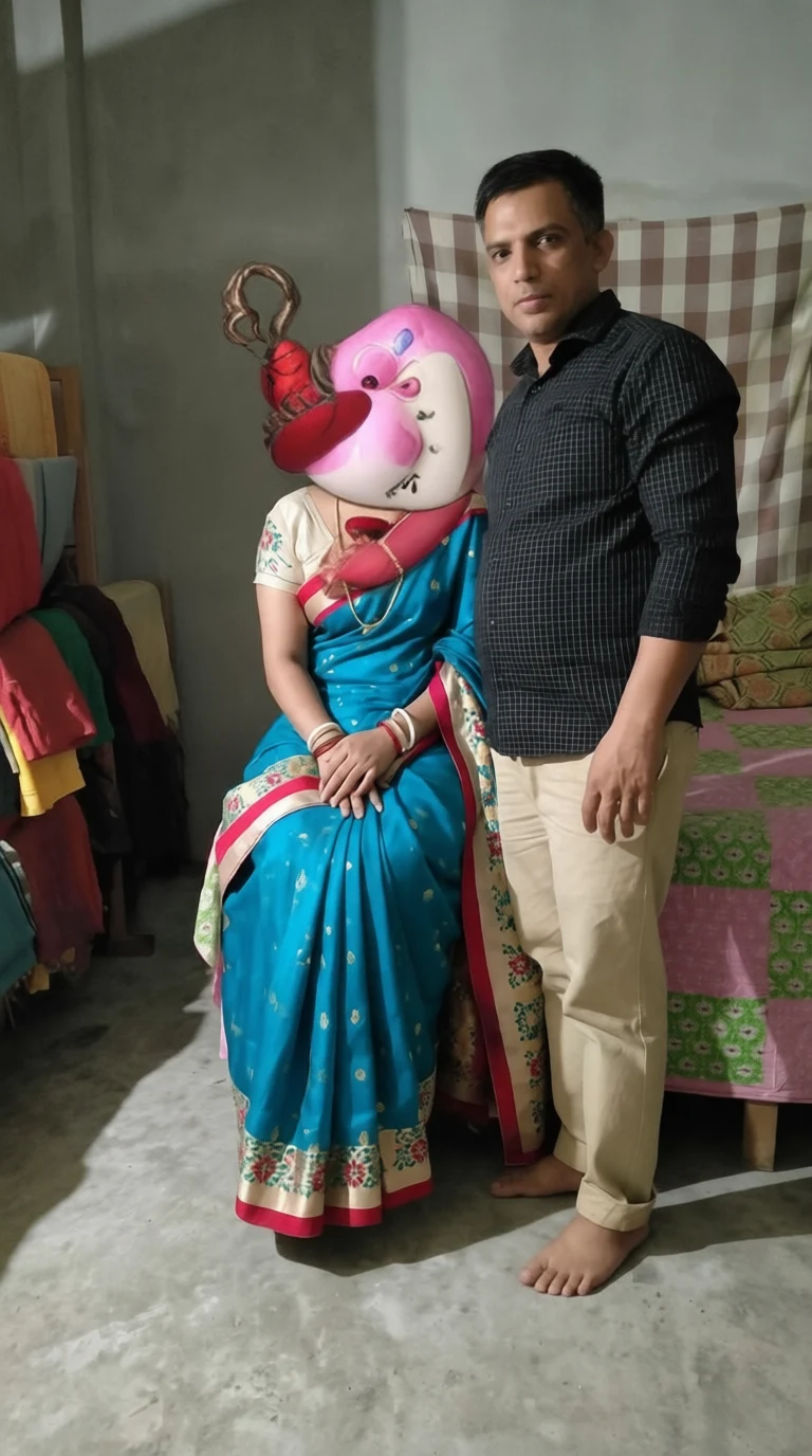 A man stands beside a woman in a blue sari wearing a large pink cartoon mask in a modest indoor setting.