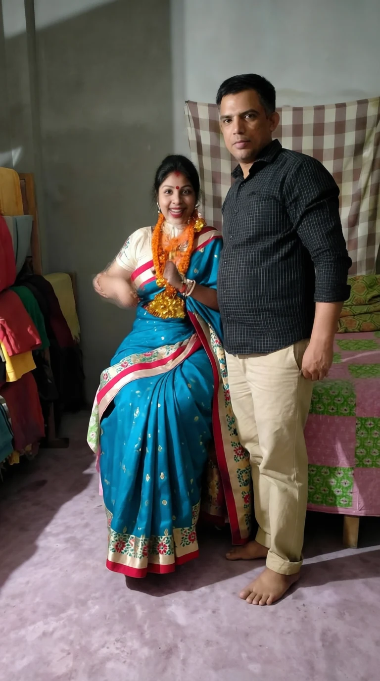A smiling woman in a vibrant blue sari with floral border stands beside a man in a checkered shirt in a modest room with patterned bedding.