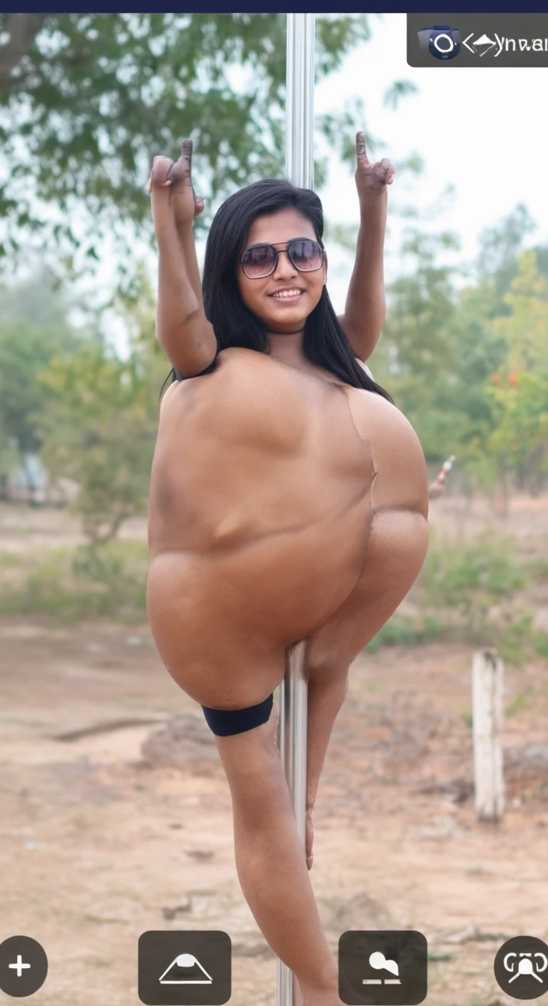 Woman in sunglasses and black underwear posing on metal pole outdoors