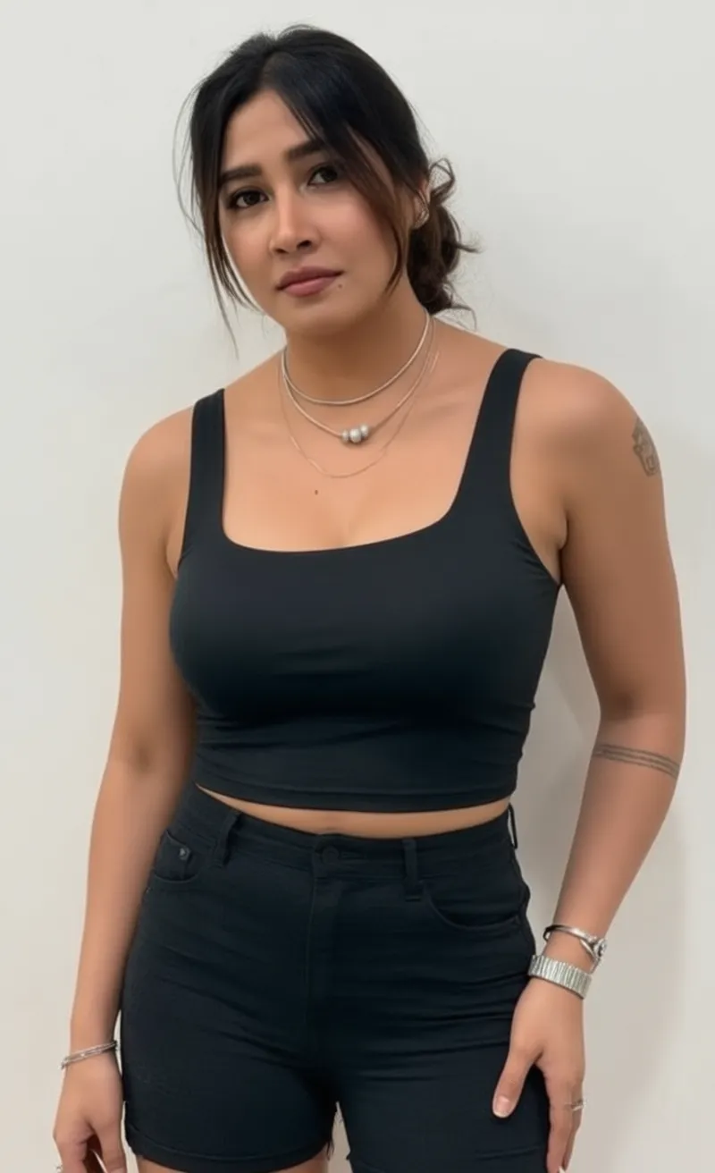 A woman in black crop top and shorts with silver jewelry and tattoos