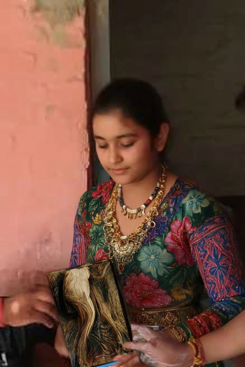 A young woman in a colorful floral sari and gold jewelry holds a framed painting of a woman's face against a pink wall.