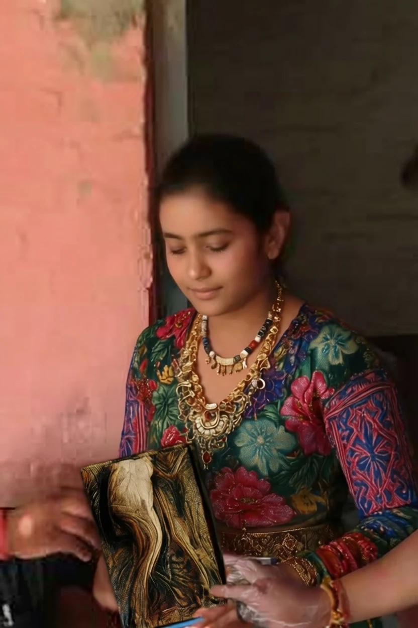 A young woman in a colorful floral sari adorned with gold jewelry holds a marbled art piece against a weathered pink wall.