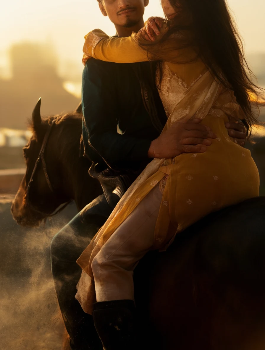 A couple embraces passionately while riding a horse through dusty terrain at golden hour.
