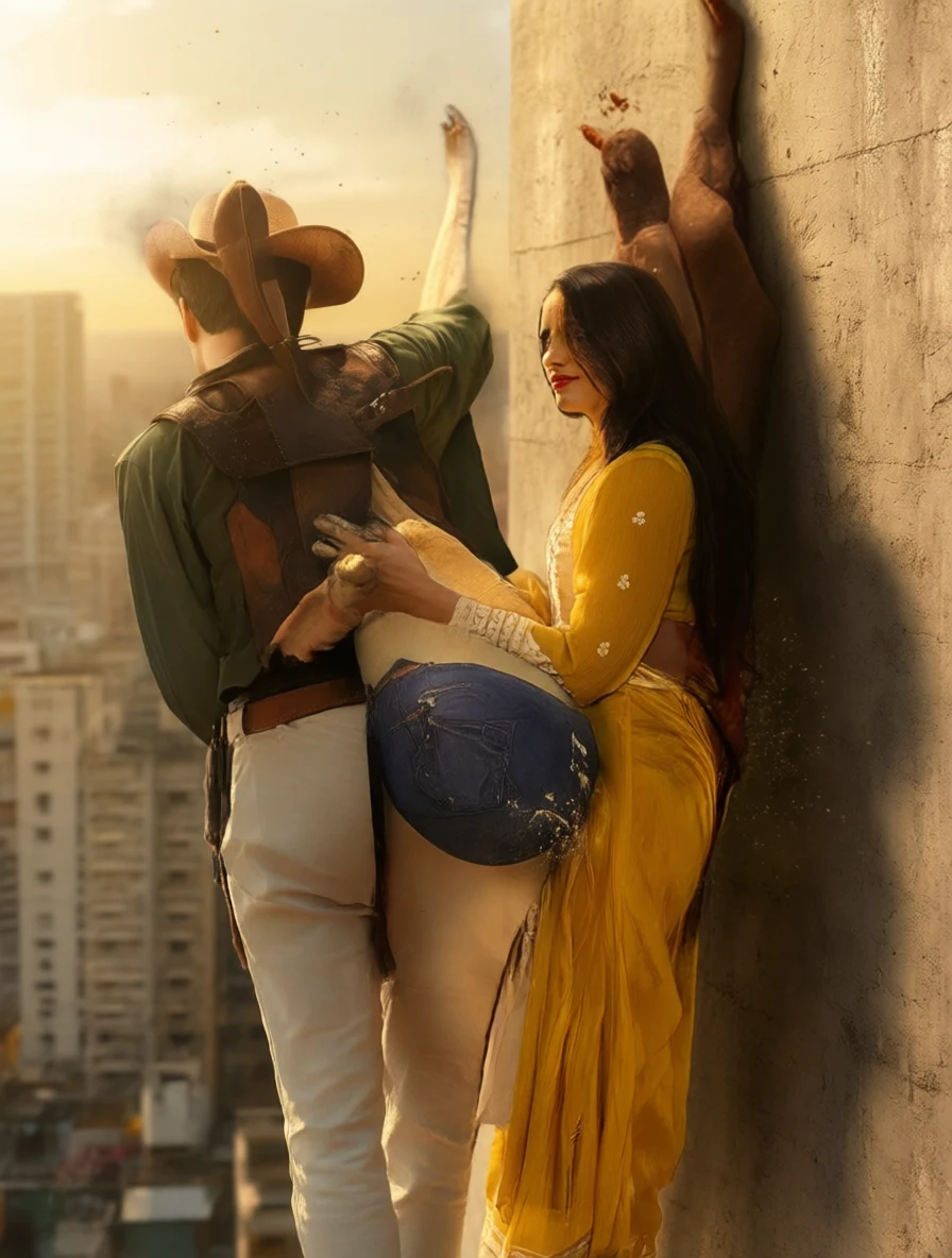 Cowboy and woman in yellow embrace on city rooftop with deer head