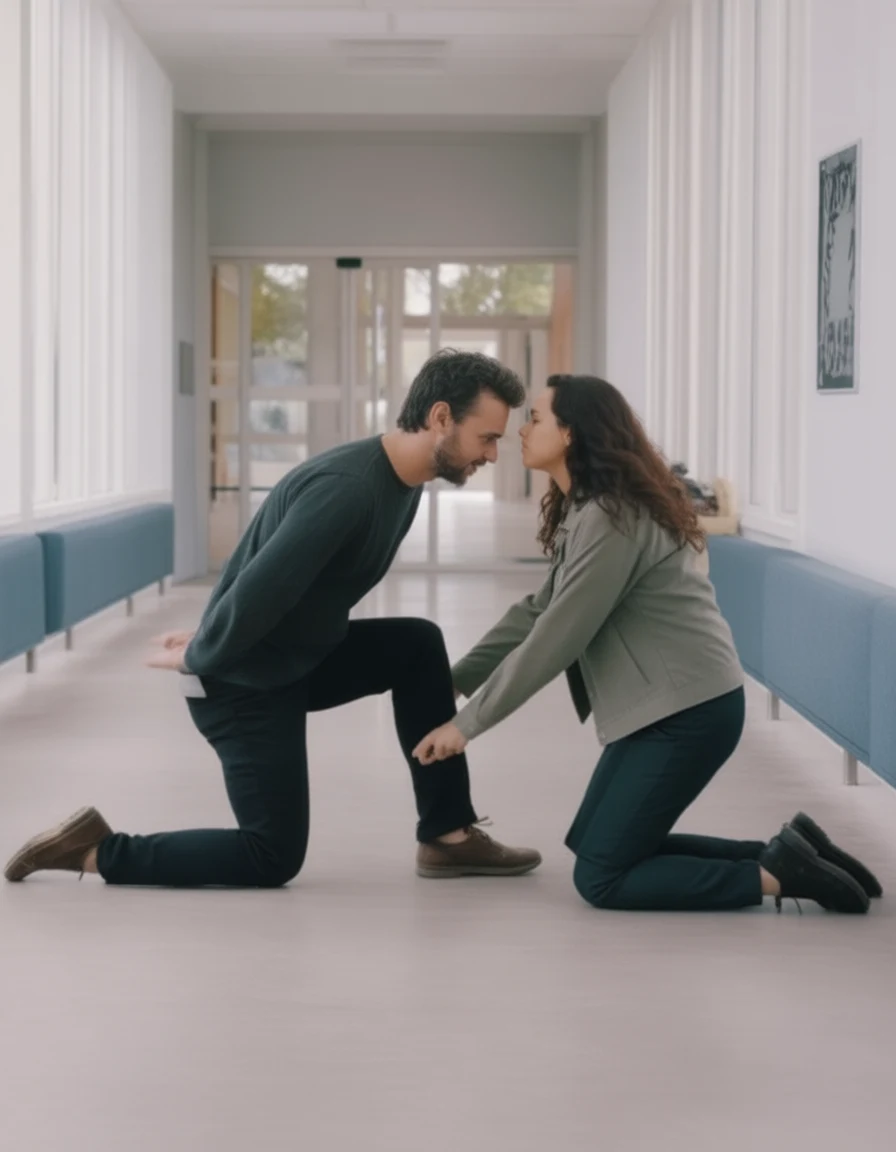 A man and woman kneel facing each other in a bright modern hallway with blue benches and large windows.