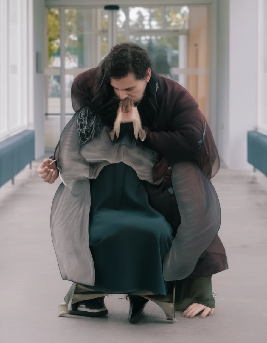 A man in layered dark robes kneels in a modern hallway holding a furry animal by its tail.