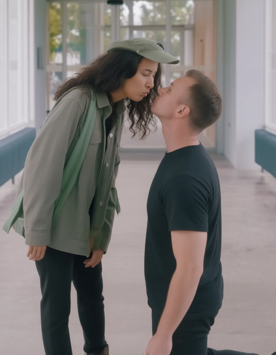 A man kneels before a woman in a modern hallway as they lean in for a kiss both wearing green and black attire.